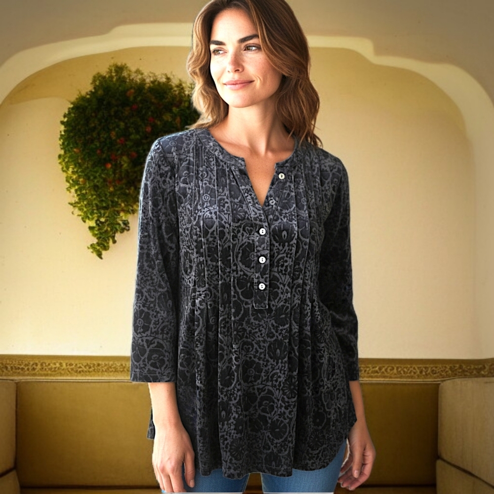 Y2K Velour‎ Babydoll Top MP Blouse Floral Romantic Witchy Henley Croft Barrow